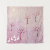 Roze boomgaard met ganzenlandschap schilderij wandkleed (Voorkant)