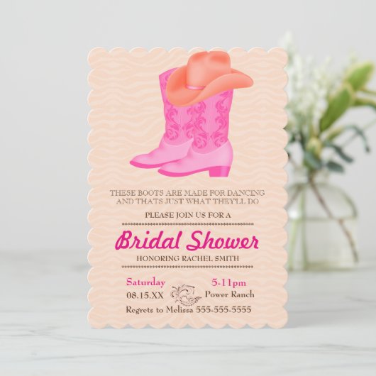 Roze Boot Cowgirl Country Bruids Douche Uitnodigin Kaart (Staand voorkant)
