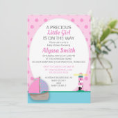 Roze boot en vuurtoren, Babymeisje, uitgenodigd Kaart (Staand voorkant)