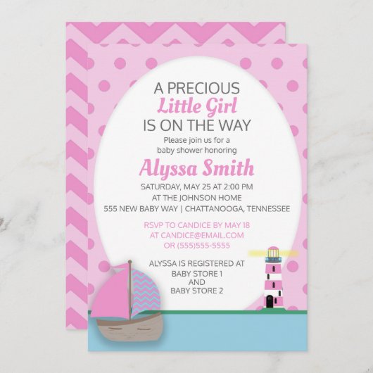 Roze boot en vuurtoren, Babymeisje, uitgenodigd Kaart (Voorkant / Achterkant)