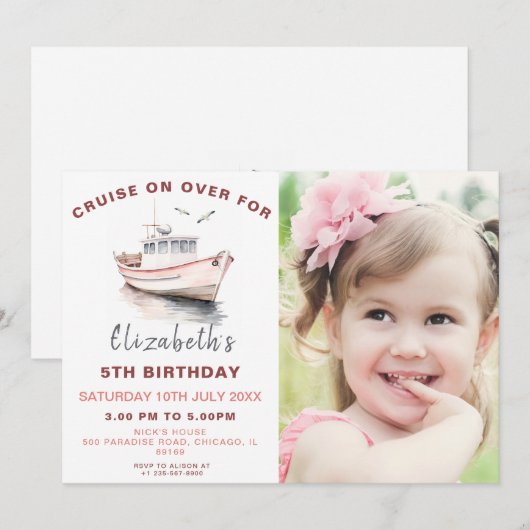 Roze Boot Verjaardag Foto Uitnodiging (Voorkant / Achterkant)