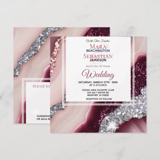 *~* ROZE BORDEAUX Agaat RSVP QR AR66 Bruiloft Kaart (Voorkant / Achterkant)