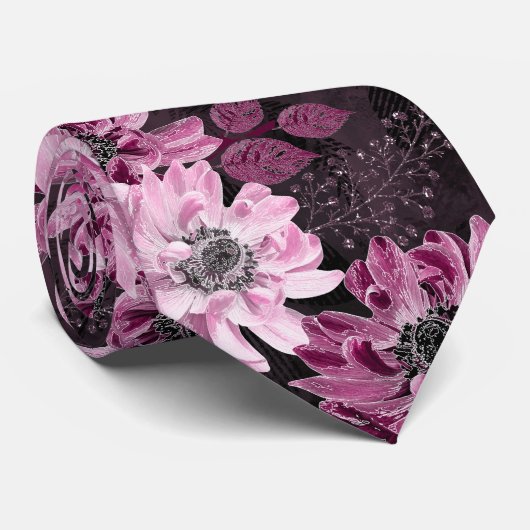 Roze, bordeaux bloemen op donkerbruin stropdas (Opgerold)