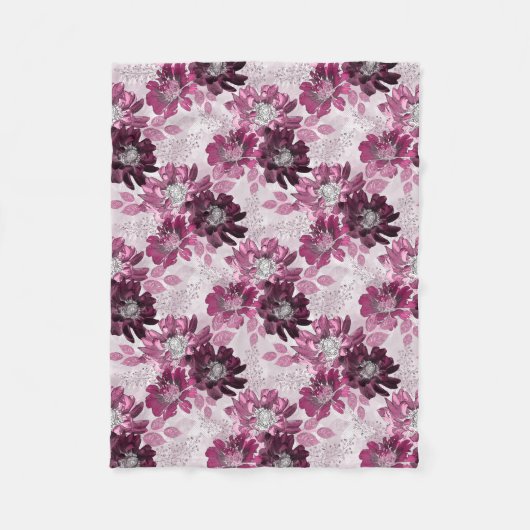 Roze, bordeaux bloemen op stoffig roze fleece deken (Voorkant)