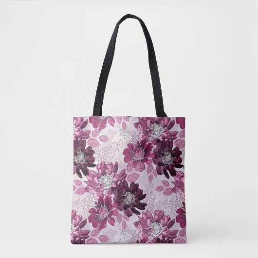 Roze, bordeaux bloemen op stoffig roze tote bag (Voorkant)