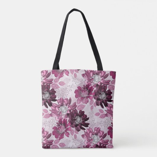 Roze, bordeaux bloemen op stoffig roze tote bag (Achterkant)