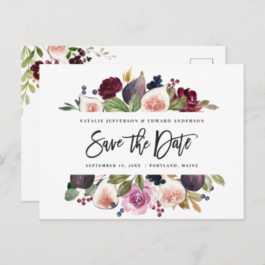 Roze, bordeaux en vijgenbloesem bewaren de datum briefkaart (Voorkant / Achterkant)