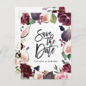 Roze, bordeaux en vijgenbloesem bewaren de datum briefkaart (Voorkant / Achterkant)
