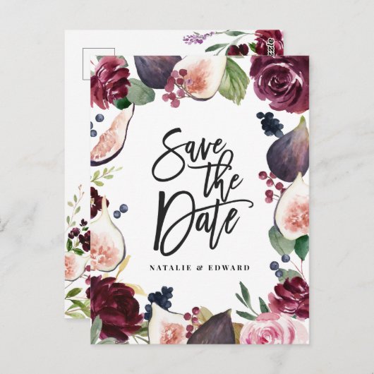 Roze, bordeaux en vijgenbloesem bewaren de datum briefkaart (Voorkant / Achterkant)