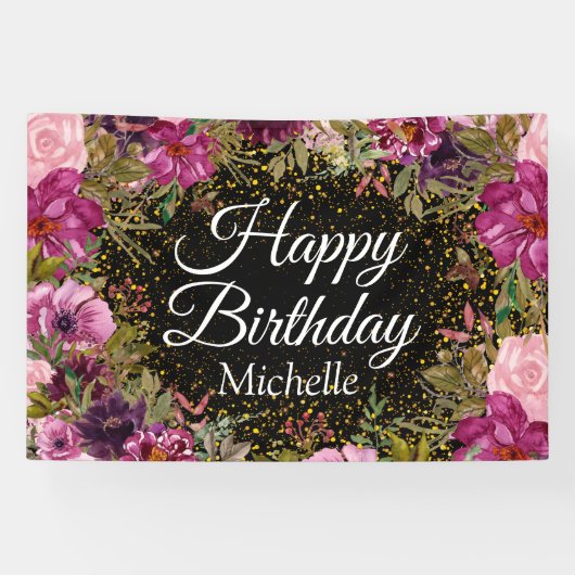 Roze bordeaux goud glitter zwart gelukkig verjaard spandoek (Horizontaal)