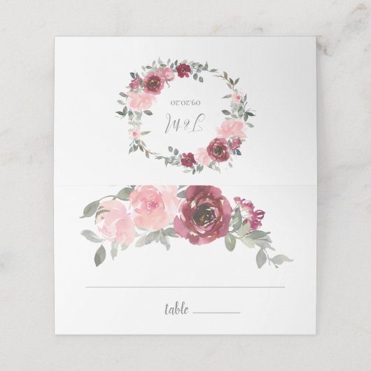 Roze bordeaux grijs bloemenbruiloft Waterverf Plaatskaartje (Buitenkant ongevouwen)