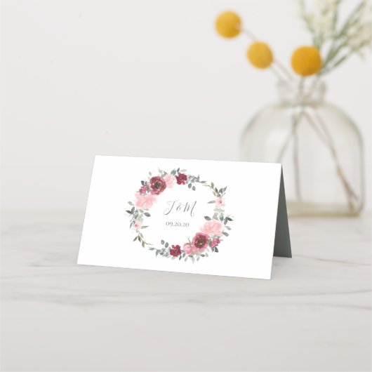 Roze bordeaux grijs bloemenbruiloft Waterverf Plaatskaartje (Achterkant)