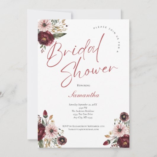 Roze Bordeaux Waterverf Bloemachtige Bruidsdouche Kaart (Voorkant)