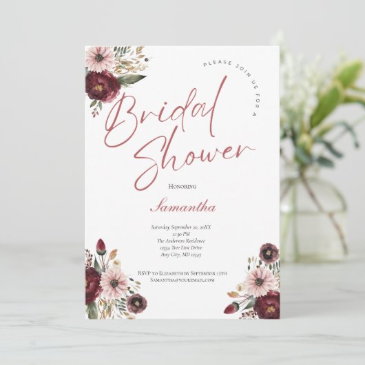 Roze Bordeaux Waterverf Bloemachtige Bruidsdouche Kaart (Staand voorkant)