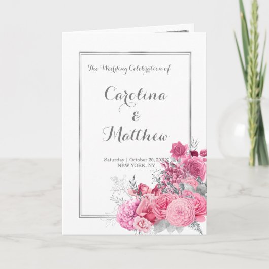 Roze bordeaux zilveren glitters bloemstuk Programm Programma (Voorkant)