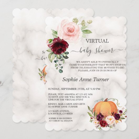 Roze bordeauxrode bloem pompoen Virtuele Baby Show Kaart (Voorkant / Achterkant)