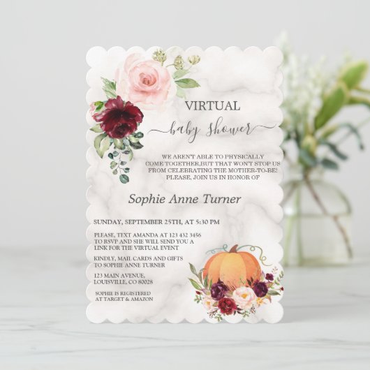 Roze bordeauxrode bloem pompoen Virtuele Baby Show Kaart (Staand voorkant)