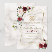 Roze bordeauxrode bloemen Gouden Marmer 30e verjaa Kaart (Voorkant / Achterkant)