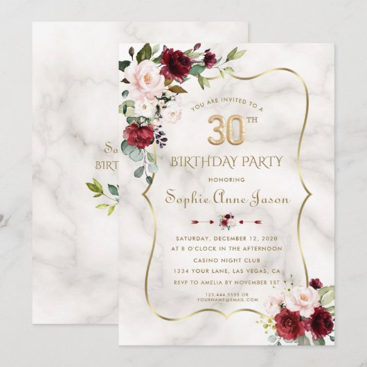 Roze bordeauxrode bloemen Gouden Marmer 30e verjaa Kaart (Voorkant / Achterkant)