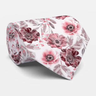 Roze, bordeauxrode bloemen op een witte achtergron stropdas