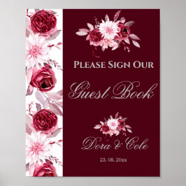 Roze bordeauxrode trouwgastboekposter met bloemen poster