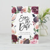 Roze, bordeauxrood en vijgen bloemenfoto save the date (Staand voorkant)