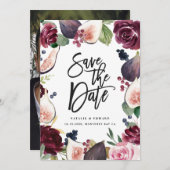 Roze, bordeauxrood en vijgen bloemenfoto save the date (Voorkant / Achterkant)