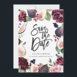 Roze, bordeauxrood en vijgen bloemenfoto save the date<br><div class="desc">Roze,  bordeauxrood en vijgen bloemenfoto save the date kaart. Mooie waterverf illustratie en modern handschrift. Deel van een collectie.</div>