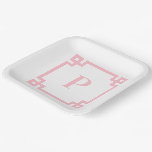 Roze Borden van het Griekse sleutelgrensmonogram Papieren Bordje (Gebogen)