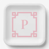Roze Borden van het Griekse sleutelgrensmonogram Papieren Bordje (Voorkant)