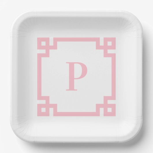 Roze Borden van het Griekse sleutelgrensmonogram Papieren Bordje (Voorkant)