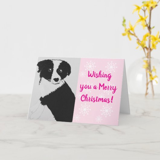 Roze Border Collie Kerst Kaart (Gele Bloem)