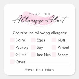 Roze Borstel Elegante Schrift Allergie Waarschuwin Vierkante Sticker