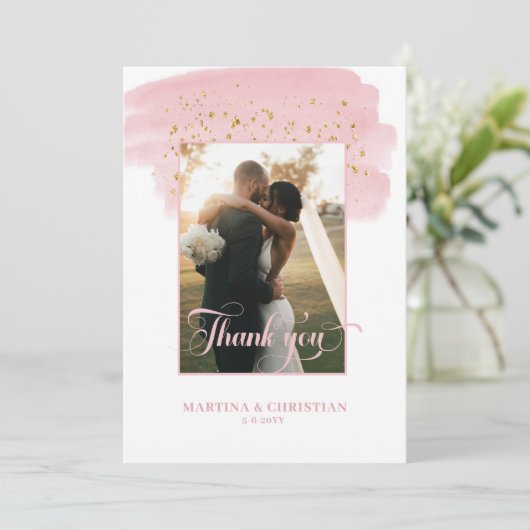 Roze Borstel Gouden Sparkles Bruiloft Bedankkaart (Staand voorkant)