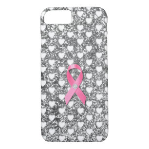 Roze borstkanker lint zilveren glitter-blik 	iPhone 8/7 hoesje
