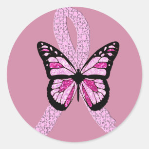 Roze borstkankerwaarschuwing vlinderlint ronde sticker