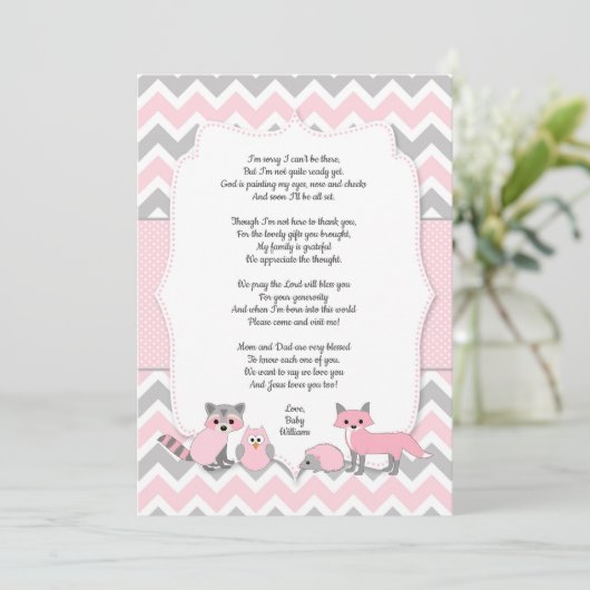 Roze bos dier baby shower dank je kaart (Staand voorkant)
