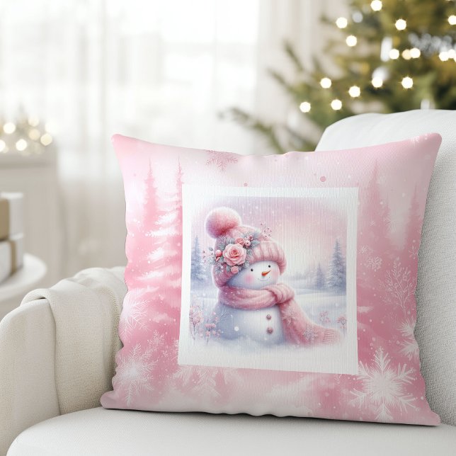 Roze bos sneeuwman helder winterlandschap kussen (Pink Forest Snowman Bright Winter Scene Cushion)