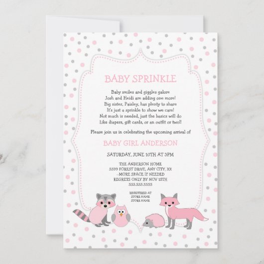 Roze bosdieren baby bestrooi uitnodiging (Voorkant)