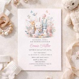 Roze bosdieren baby shower in pastelkleuren kaart