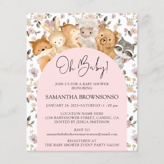 Roze bosdieren Oh Baby shower budget Flyer (Voorkant)