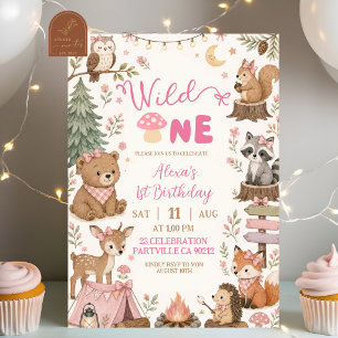 Roze bosdieren Wild One Meisje Verjaardag Kaart