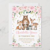  roze bosrijke dieren Girl Birthday Kaart (Voorkant)