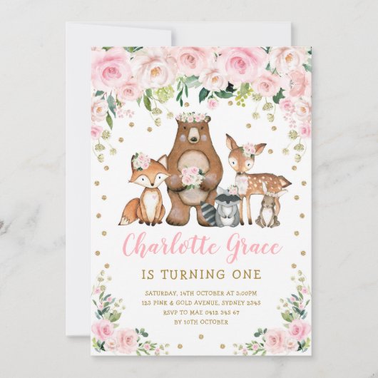  roze bosrijke dieren Girl Birthday Kaart (Voorkant)