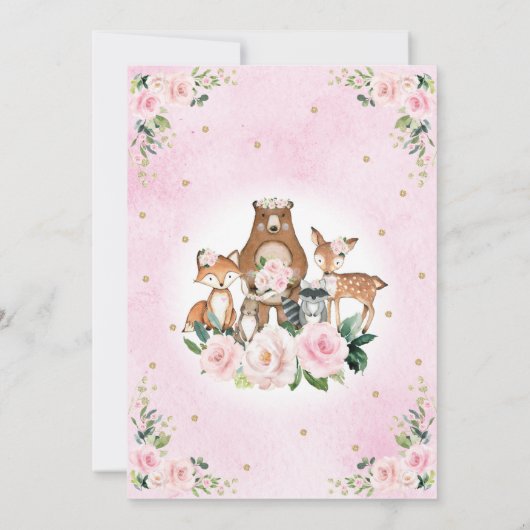  roze bosrijke dieren Girl Birthday Kaart (Achterkant)