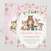  roze bosrijke dieren Girl Birthday Kaart (Voorkant / Achterkant)