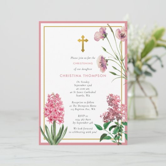 Roze botanisch en goudblaasjes met kerstmis kaart (Staand voorkant)