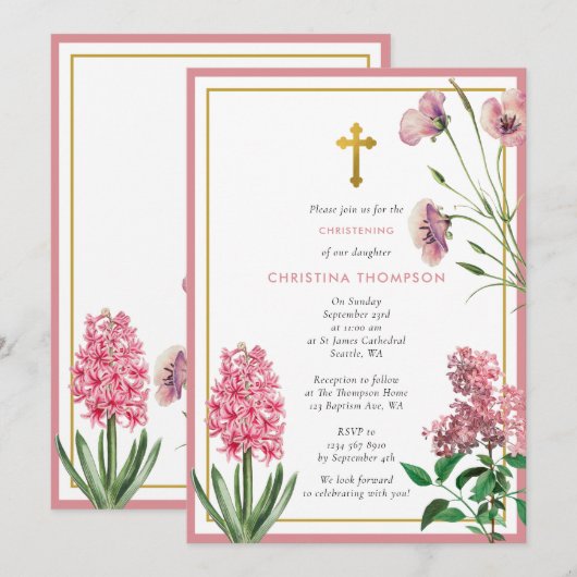 Roze botanisch en goudblaasjes met kerstmis kaart (Voorkant / Achterkant)