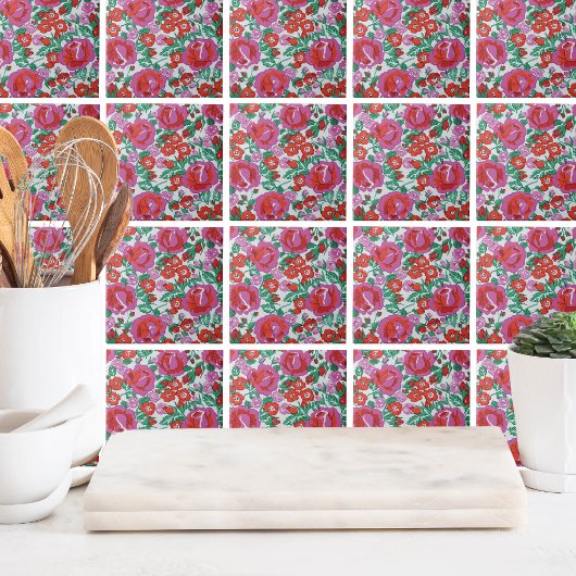 Roze Botanisch Roos Bloempatroon Tegeltje