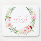 Roze botanisch Roos & Peony Wreatname Monogram Muismat (Voorkant)